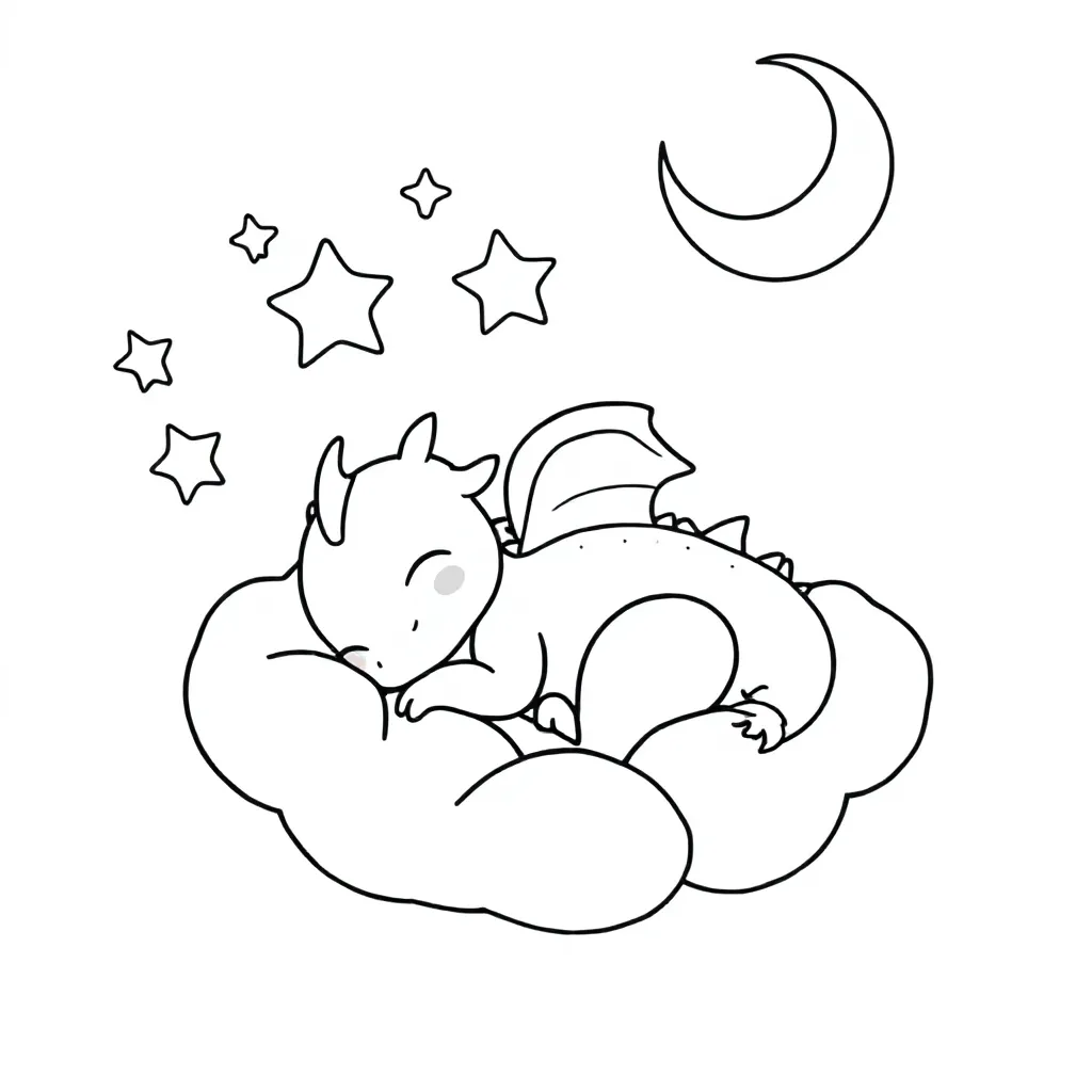 Free Coloring Page: Sleeping Dragon Dreams Stars in Cloud Nest. Coloring Page