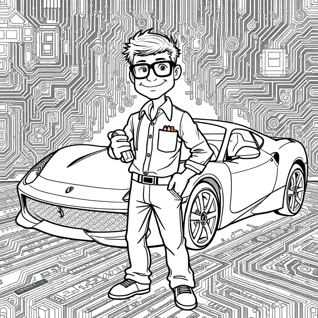 Free Printable Computer Nerd in a Ferrari Coloring Page for Kids