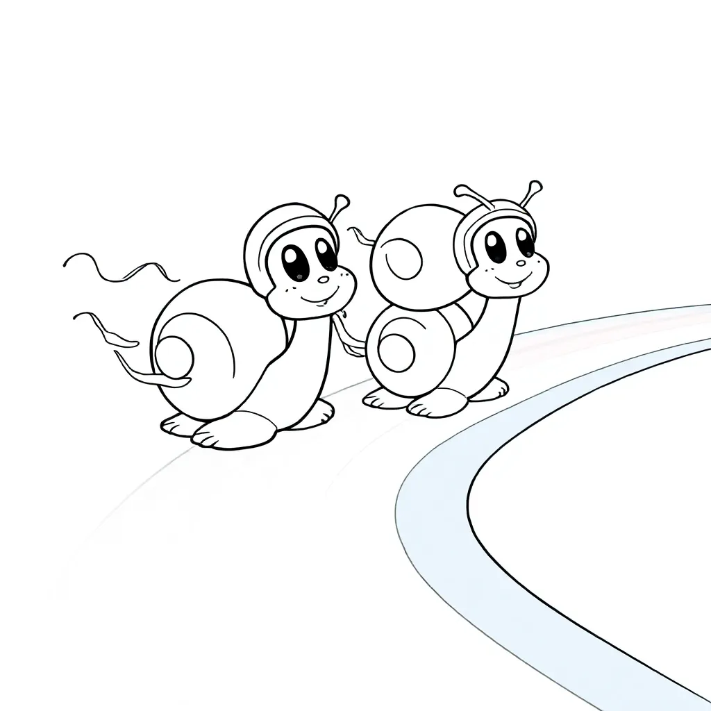 Free Snail Racing Coloring Pages with Light Trails on a Rainbow Path.
