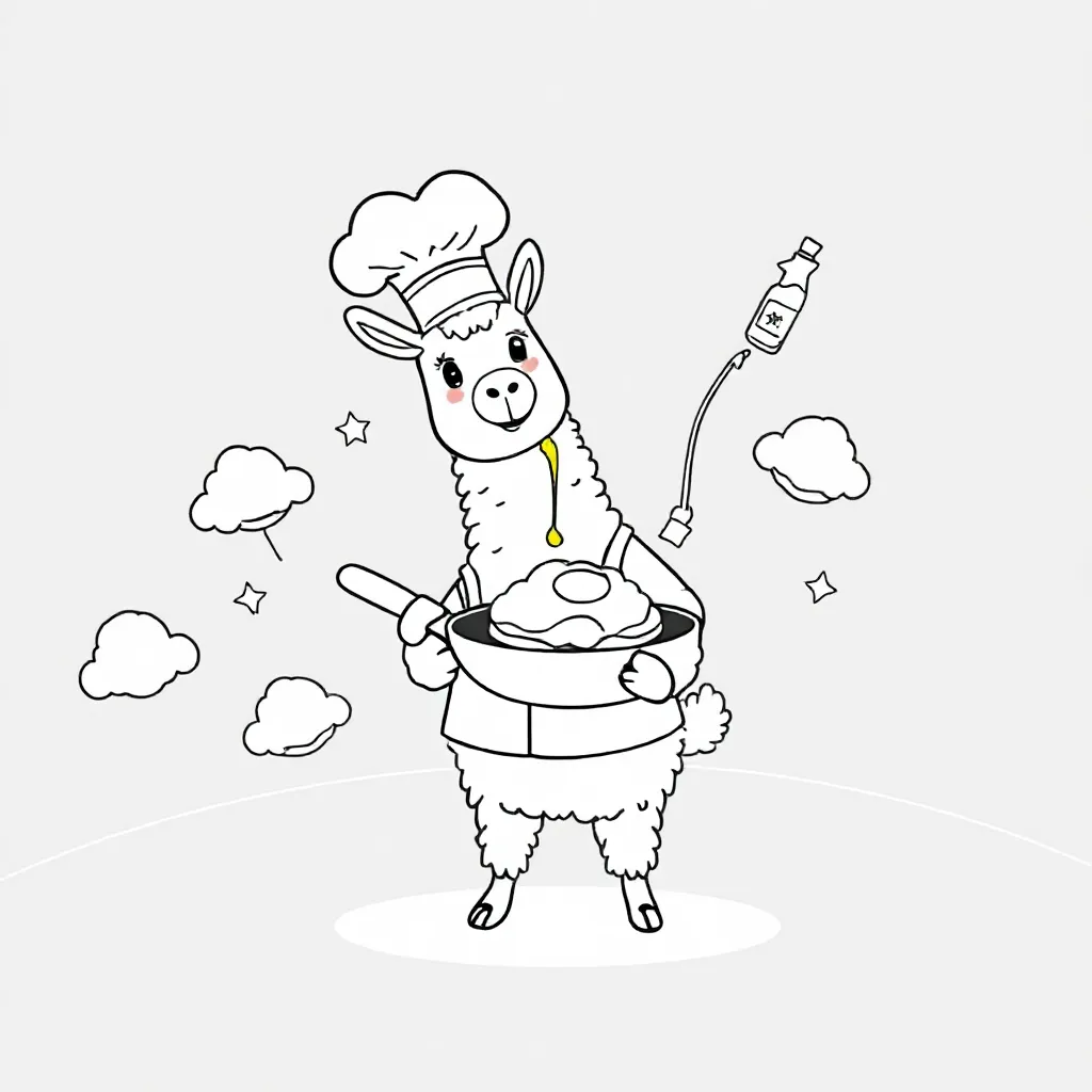 Free printable coloring page: Llama chef makes cloud pancakes with falling star.