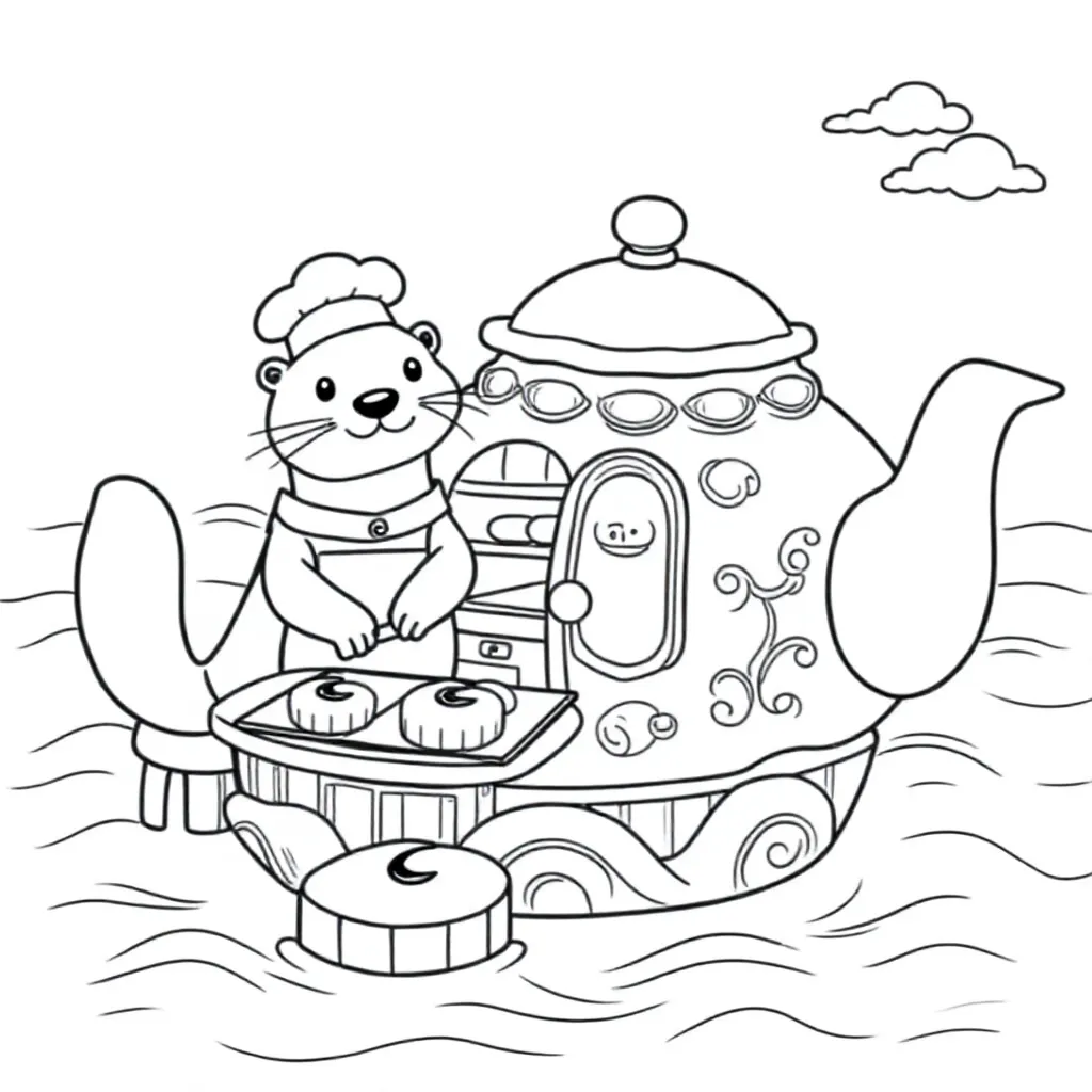 Coloring Page Free Otter Cook Makes Moon Breads in Floating Teapot Kitchen