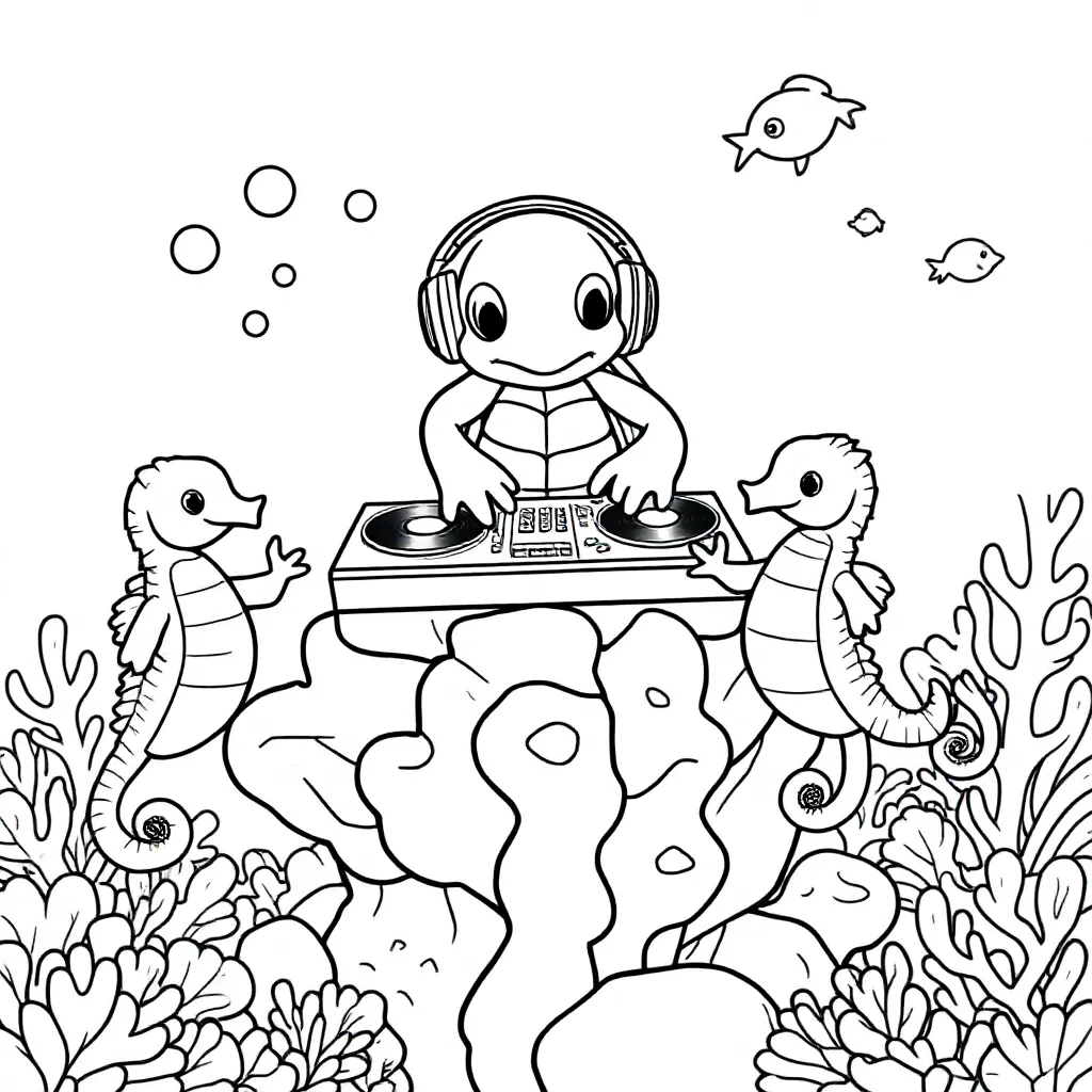 Free Turtle DJ Coloring Page - DJ spins records on a coral reef for dancing sea creatures.