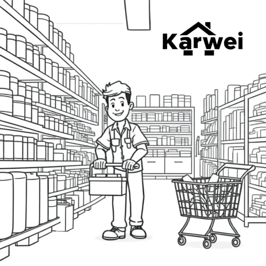 Free coloring page of a Karwei home improvement store employee hard at work.