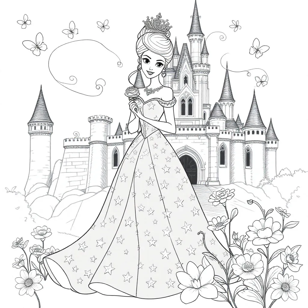 Free Printable Princess Coloring Page - Elegant Princess in a Sparkling Dress with Stars