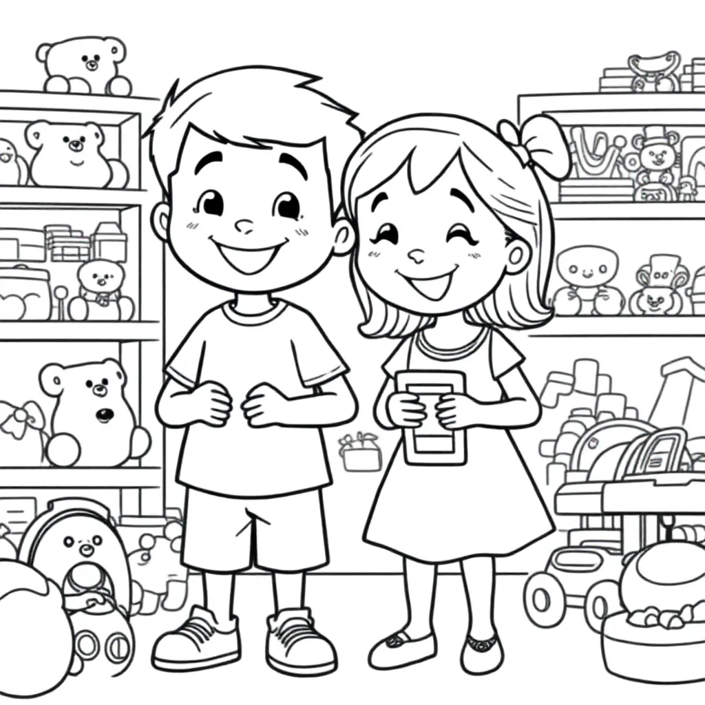 Free Coloring Page: Boy and Girl in a Toy Store Coloring Page