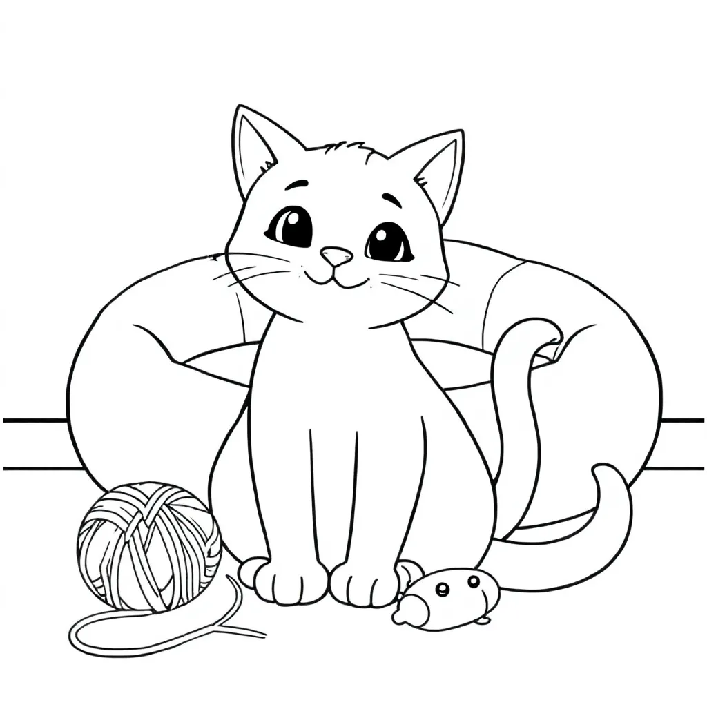 Playful cat coloring page, cozy indoor kids' coloring book