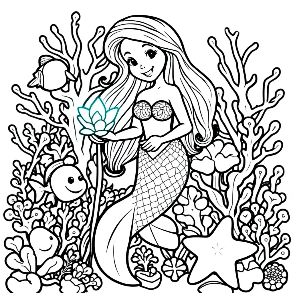 Free Mermaid Gardener Coloring Page Featuring Glowing Seaweed Flowers