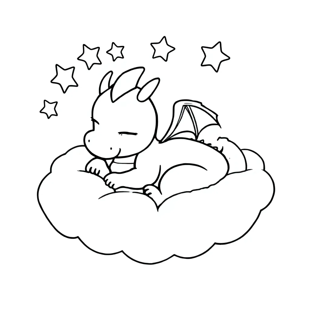 Free Coloring Page: Sleeping Dragon Dreams Stars in Cloud Nest. Coloring Page