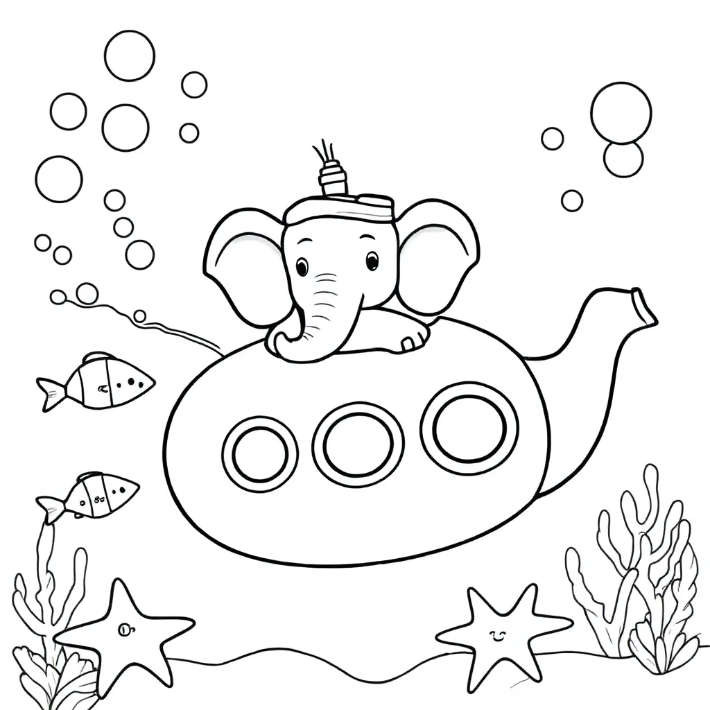 Free coloring page: Brave elephant sails a teapot submarine through bubbles.