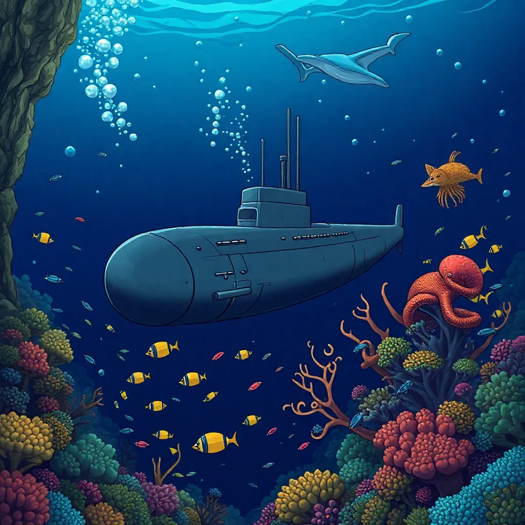 Detailed, depicting nuclear submarine dynamic coloring page for kids