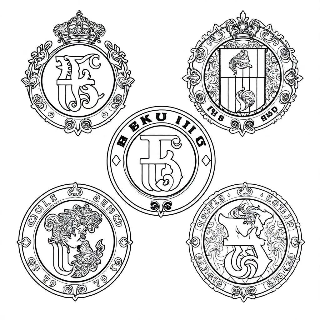 Kostenlose Malvorlage: Sechs verschiedene Fußballclub-Logos bekannter Vereine