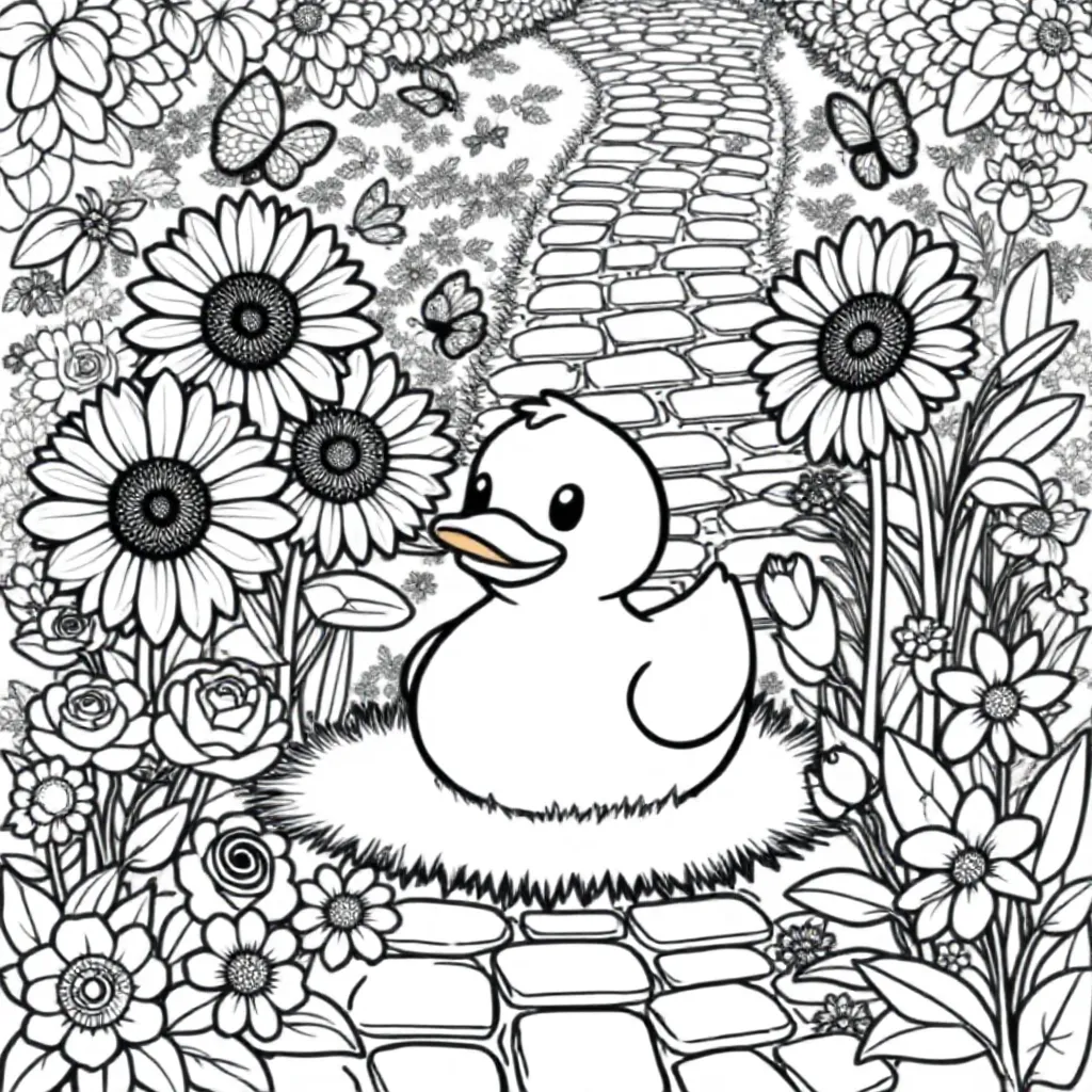 Free coloring page of a duck in a flower garden. Coloring page for kids.