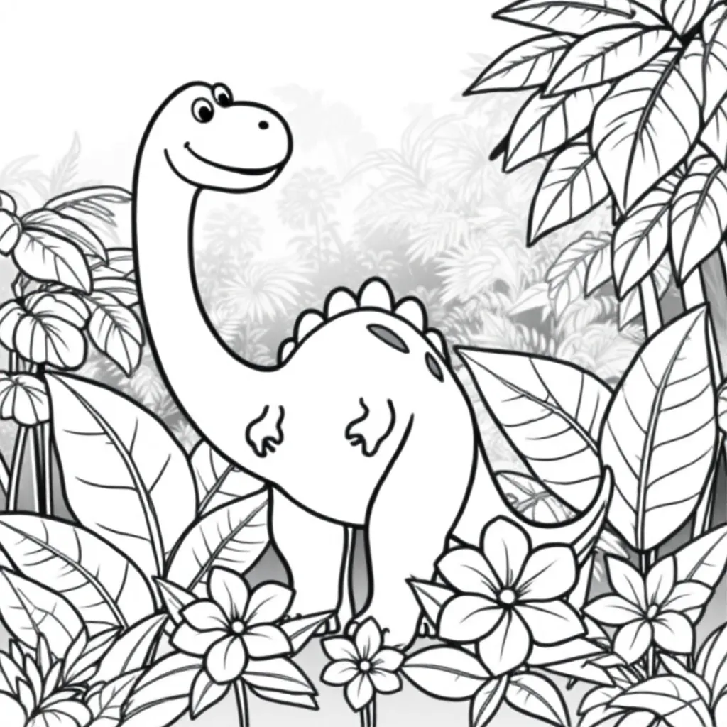 Free printable coloring page of a friendly dinosaur in a jungle with flowers