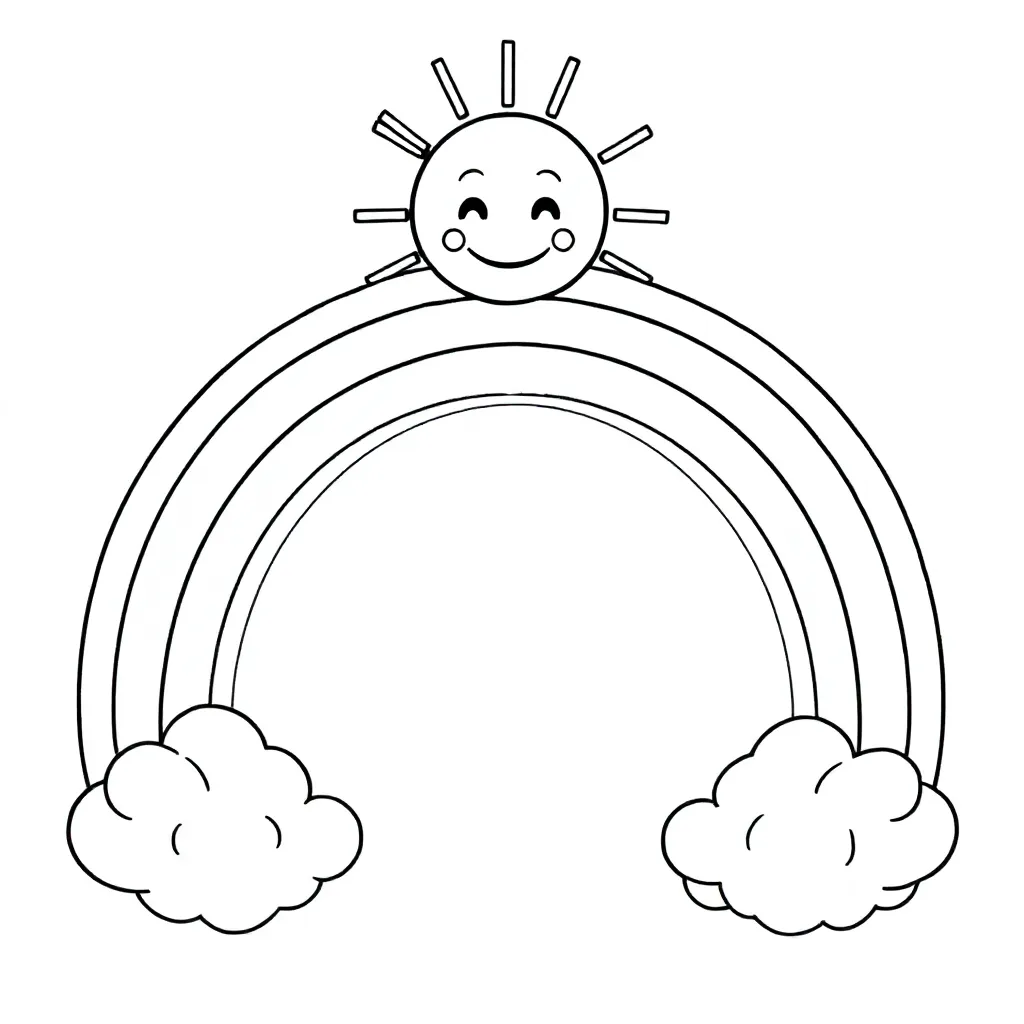 Free Printable Rainbow Coloring Page with Clouds and Sunbeams