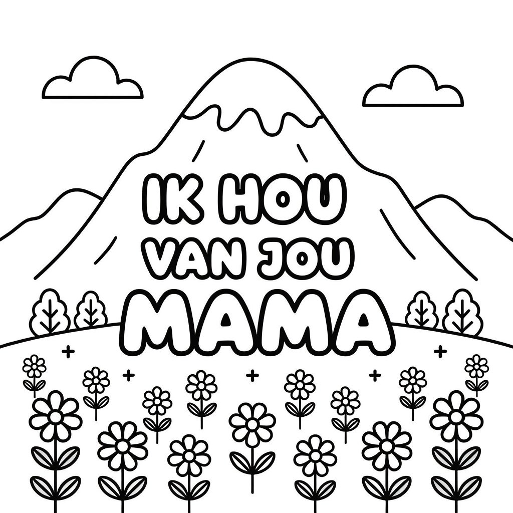 Cartoon mountain scene, field, and flowers coloring page for kids