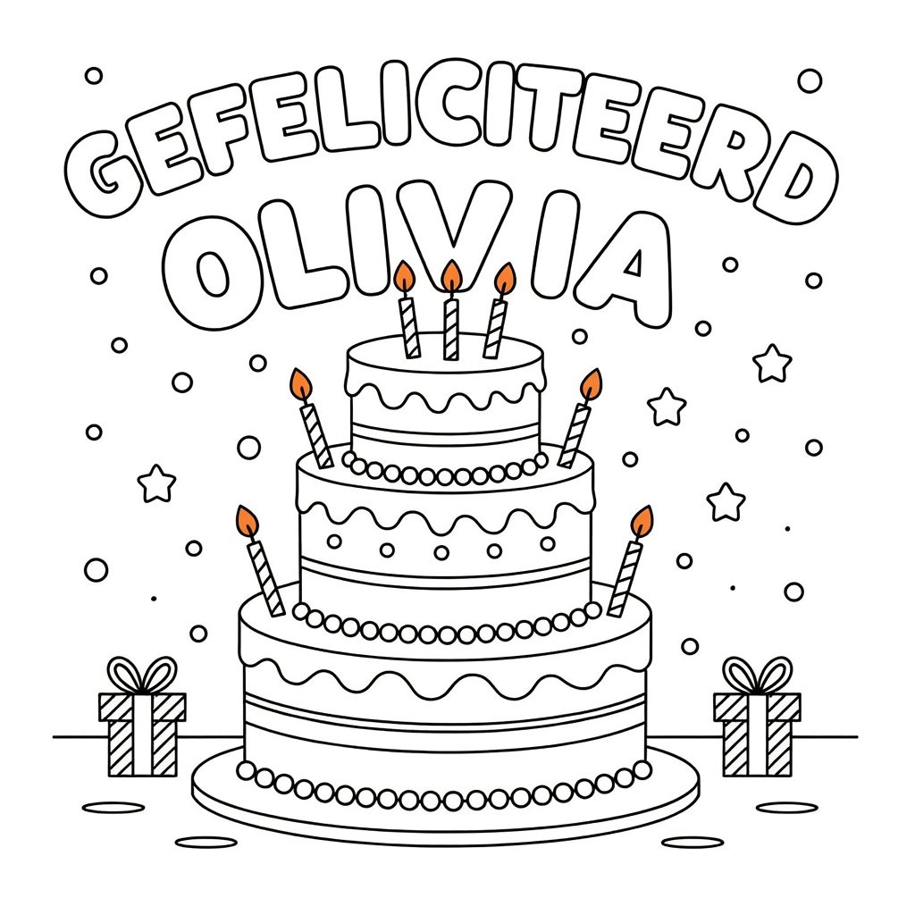 Whimsical birthday cake scene: intricate coloring page for kids