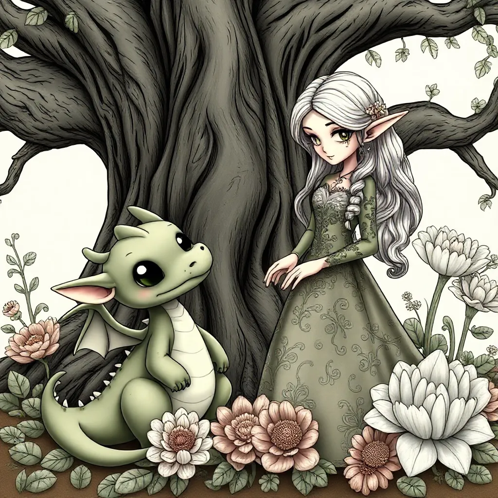 Free printable coloring page of a cute dragon and Anne Stokes fairy. Coloring page.