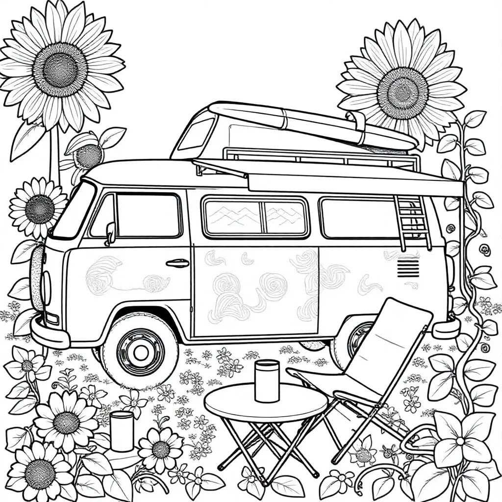 Plantilla de Coloreado Gratis Autocaravana VW Vintage para Niños