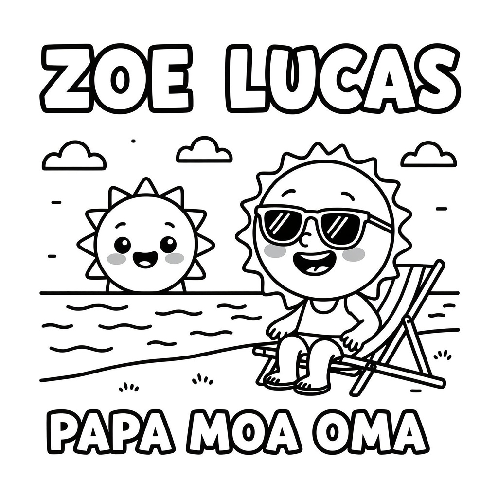 Escena de dibujos animados, ilustración, verano, vacaciones,  plantillas para colorear infantiles.