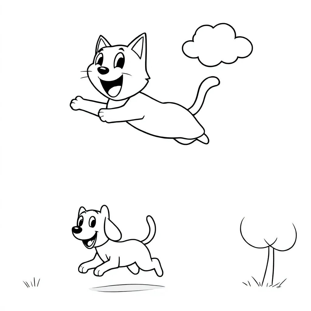 Flying cat with a dog chasing it coloring page for kids