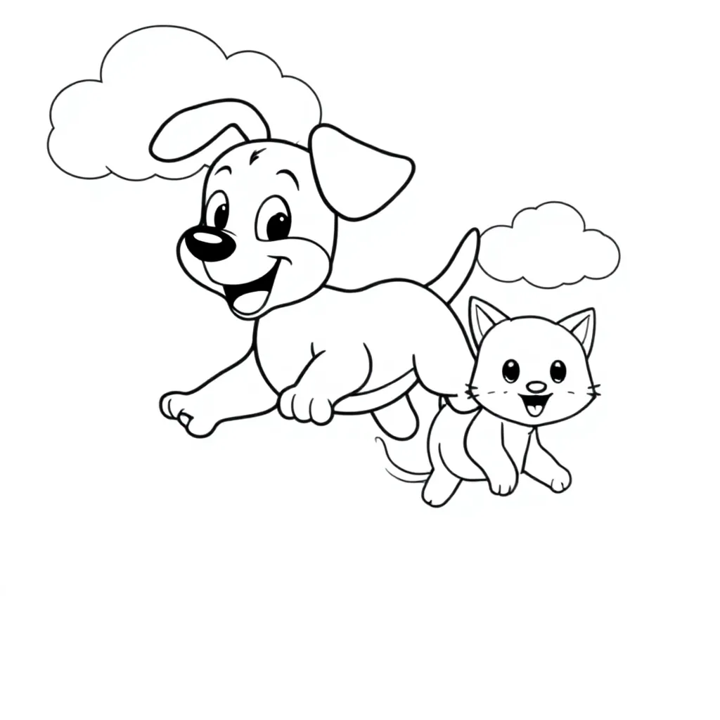 Flying dog with a cat chasing it coloring page for kids