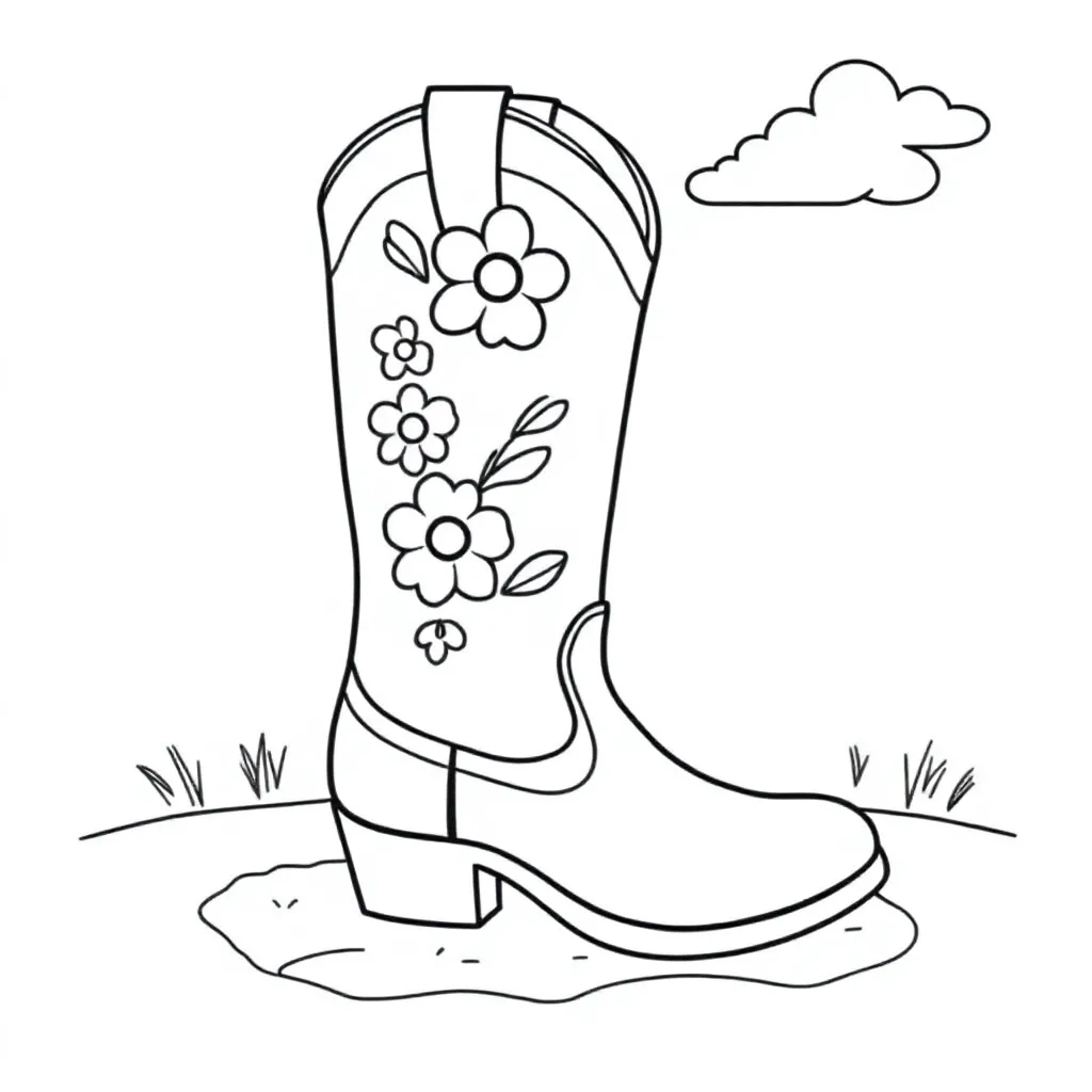 A cowboy boot flower design coloring page for kids