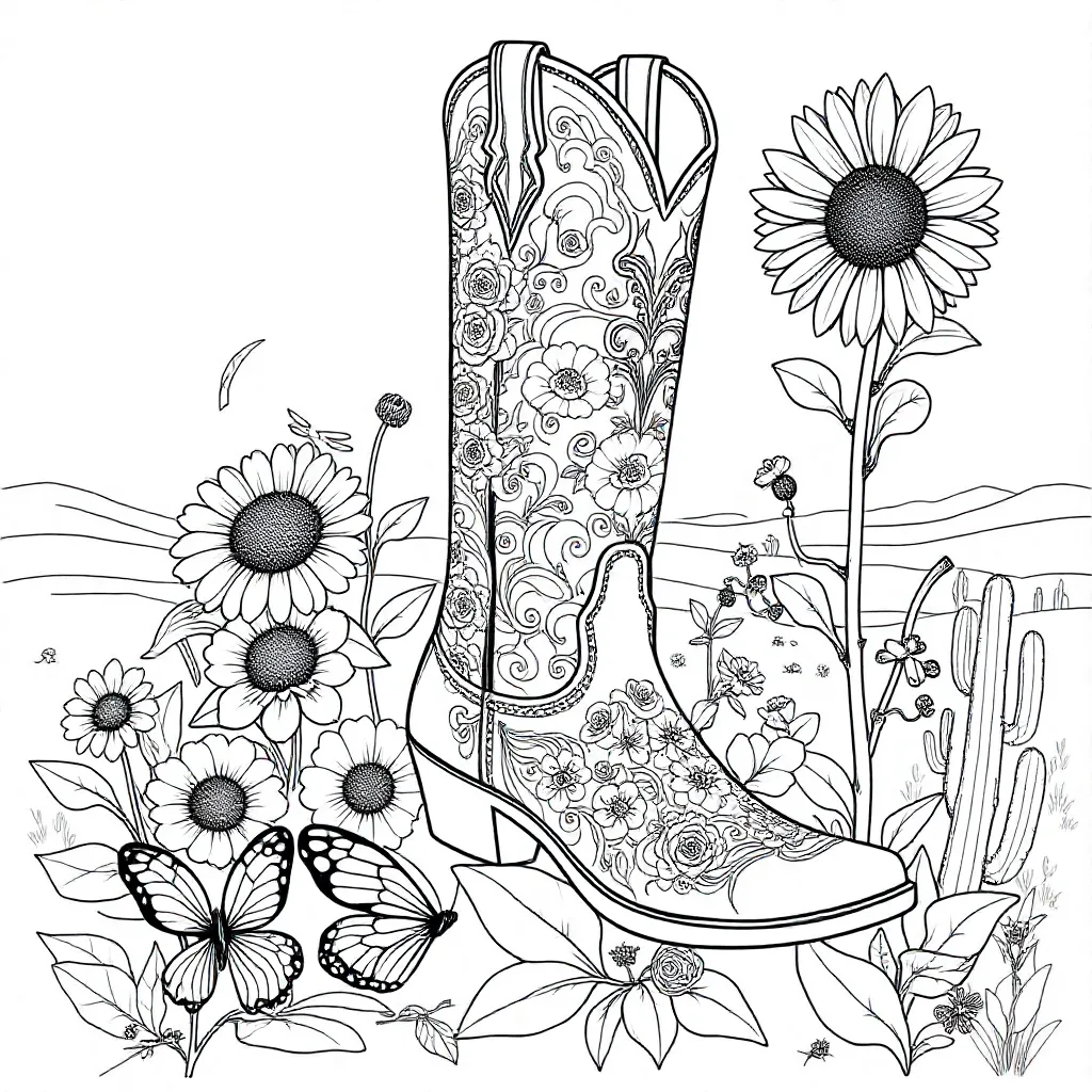 A cowboy boot flower design coloring page for kids