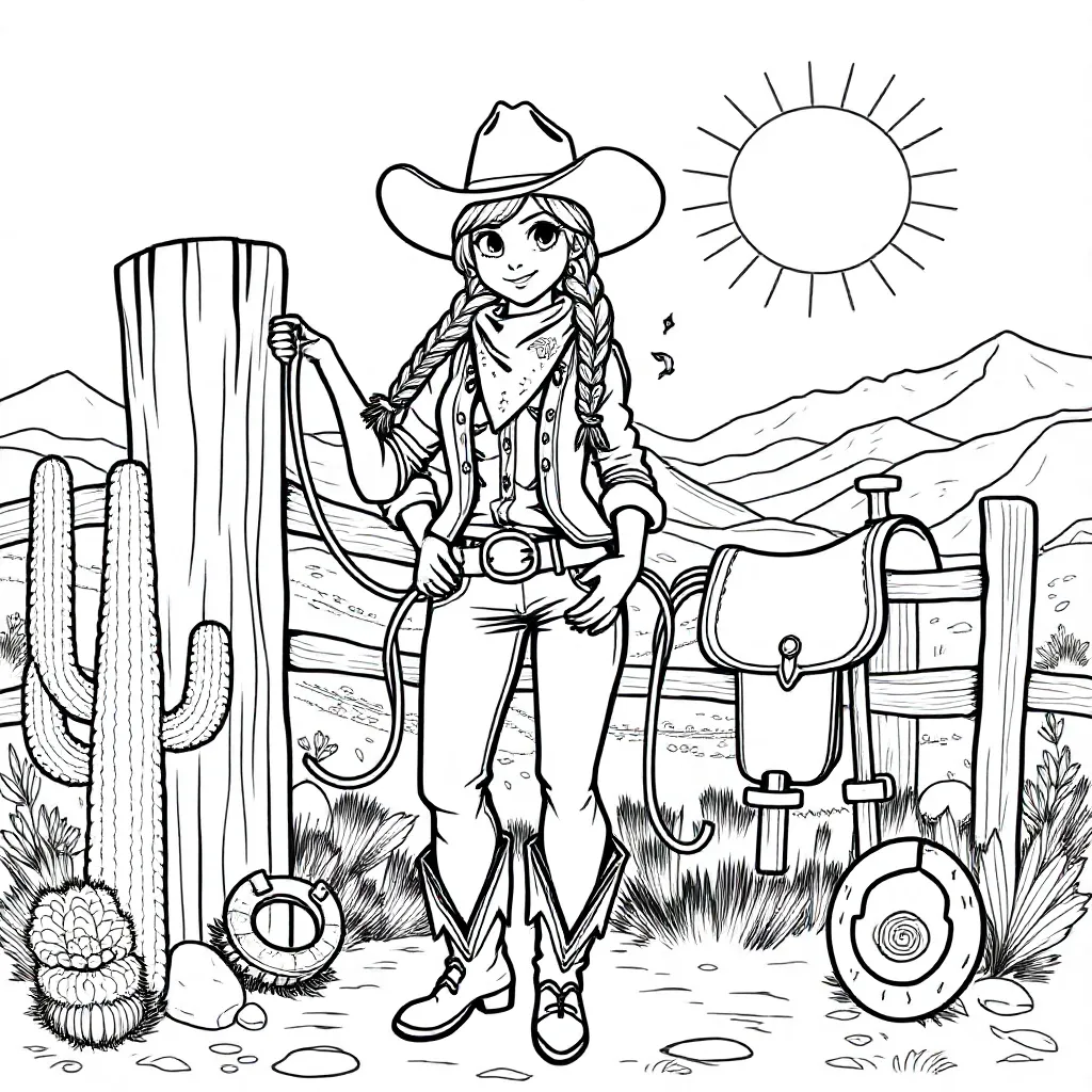 A cowgirl coloring page for kids