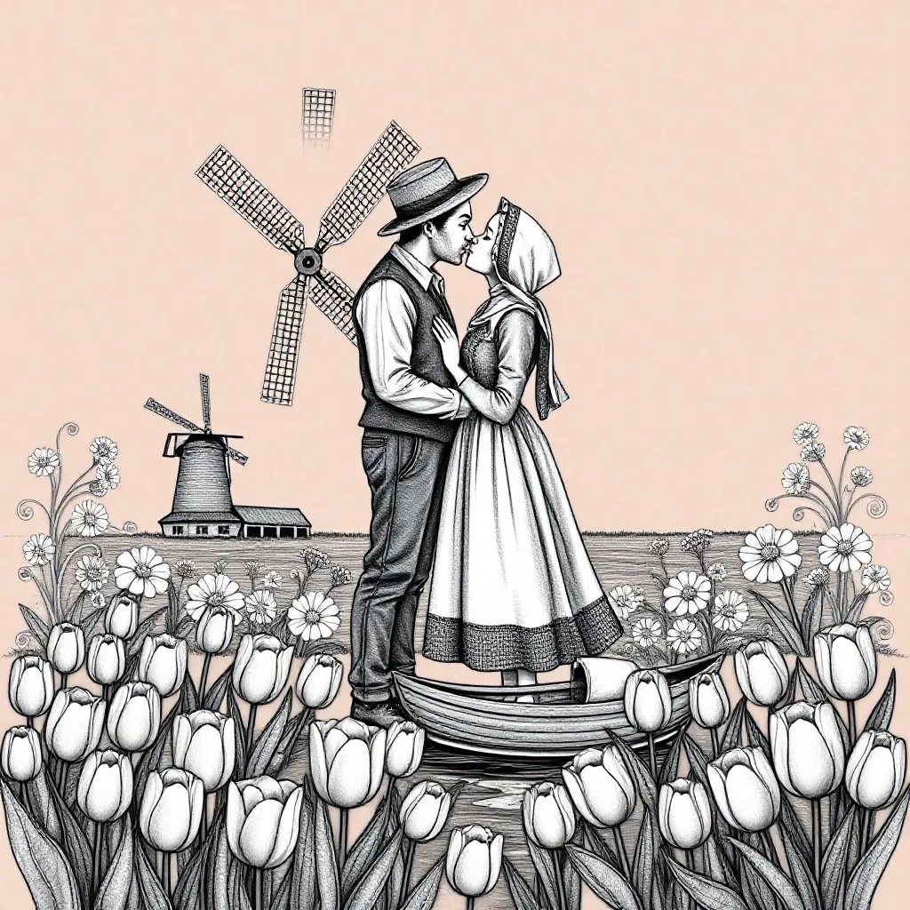 Une affiche de dessin à colorier pour enfants, un couple hollandais s'embrassant traditionnellement.