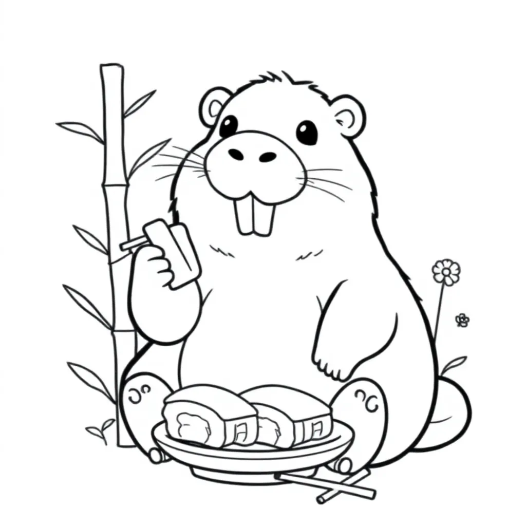 Capybara eating sushi coloring page for kids