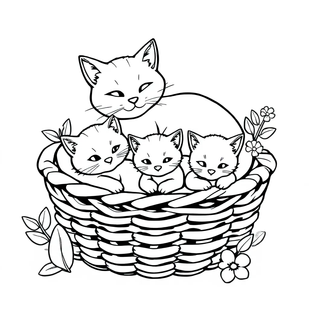 Feuille de coloriage pour enfants : Chat avec 2 chatons dans un panier