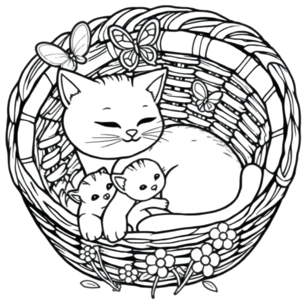 Feuille de coloriage chat avec chatons et chaton dans un panier pour enfants