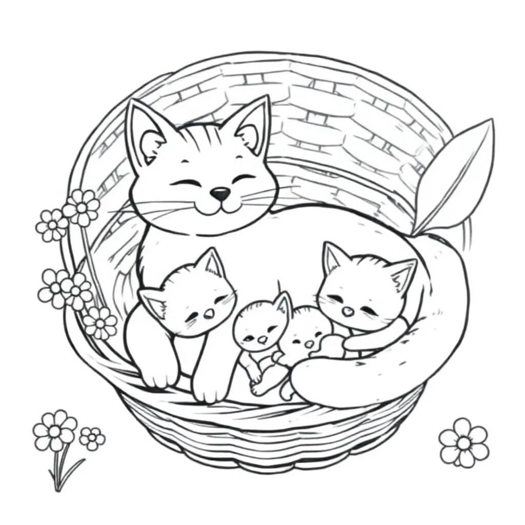 Feuille de coloriage chat avec chatons et chaton dans un panier pour enfants