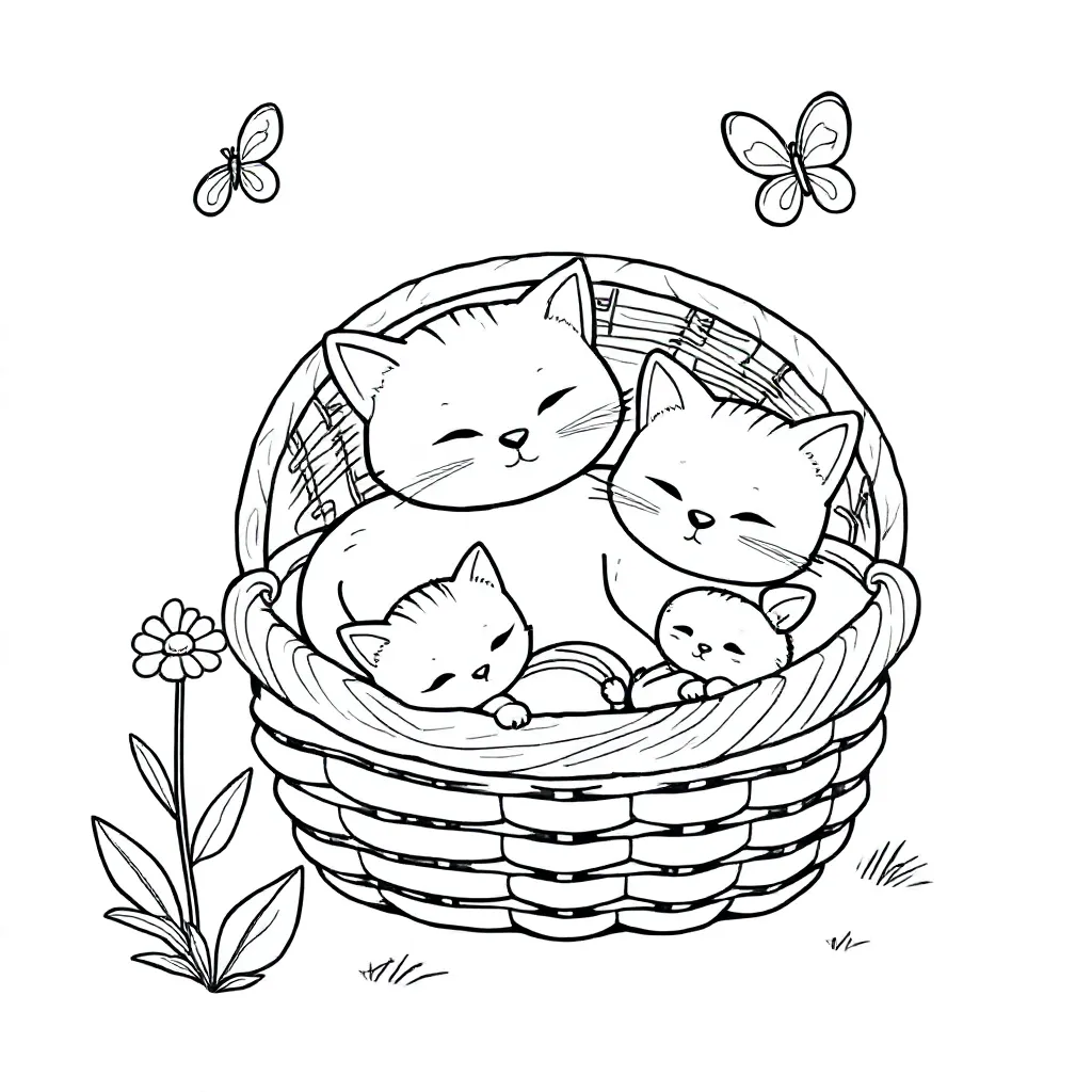 Feuille de coloriage chat avec chatons et chaton dans un panier pour enfants