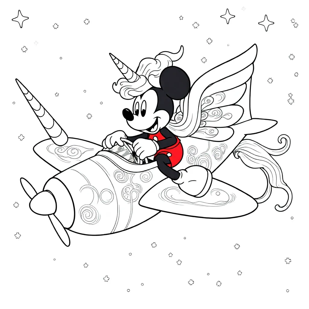 muckey mouse unicorn vliegtuig kleurplaat voor kinderen