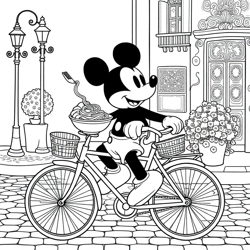mickey mouse eet pasta op de fiets kleurplaat voor kinderen