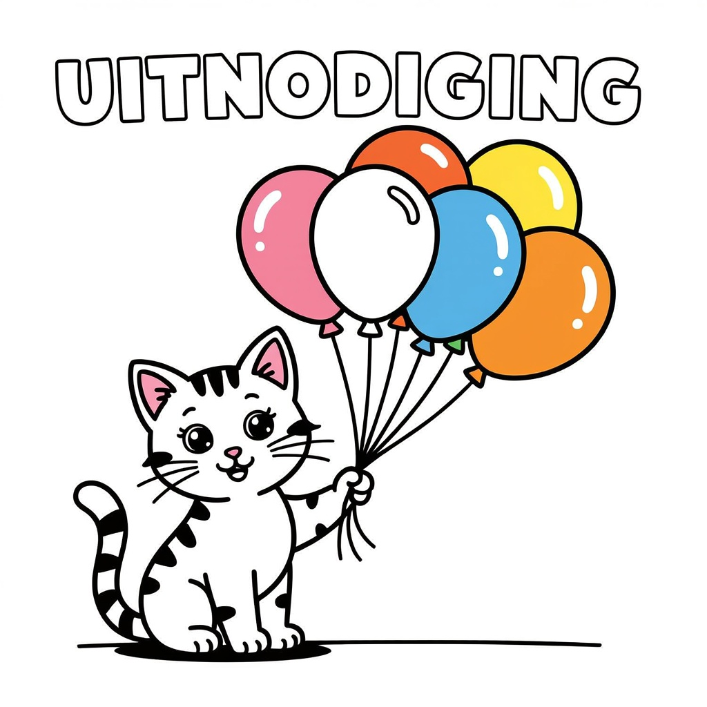 kitten met 6 en ballonen coloring page for children