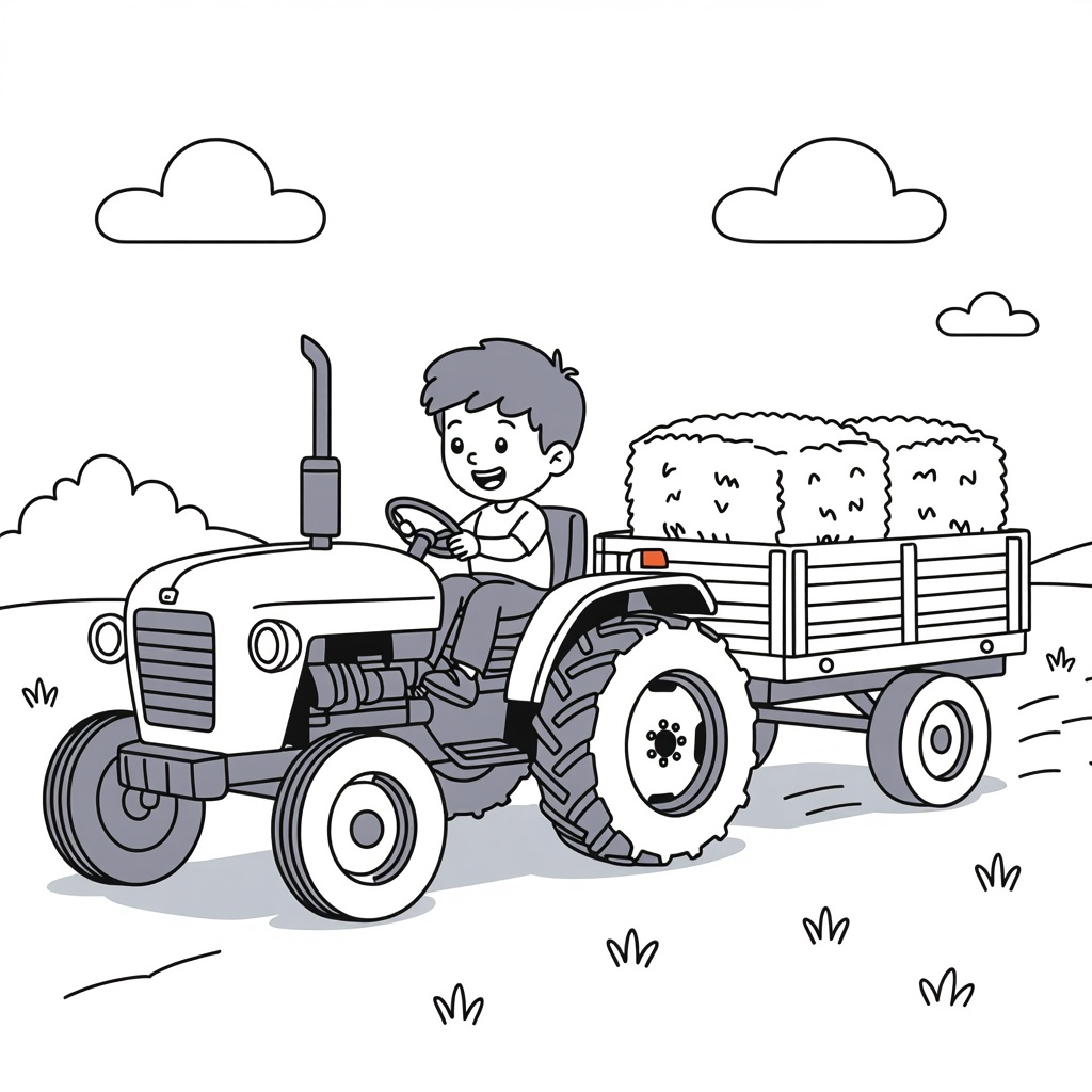Jongen 4 jaar in tractor met kar. Hooibalen in de kar. coloring page for children