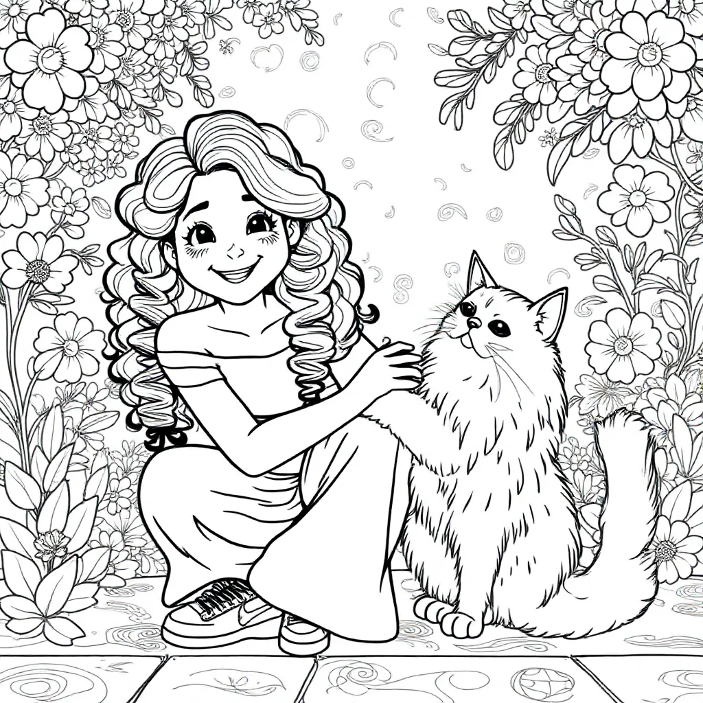 Een kleurplaat van een glimlachende meisje met blosjes en lang krullend haar. Als kleding ene off sh