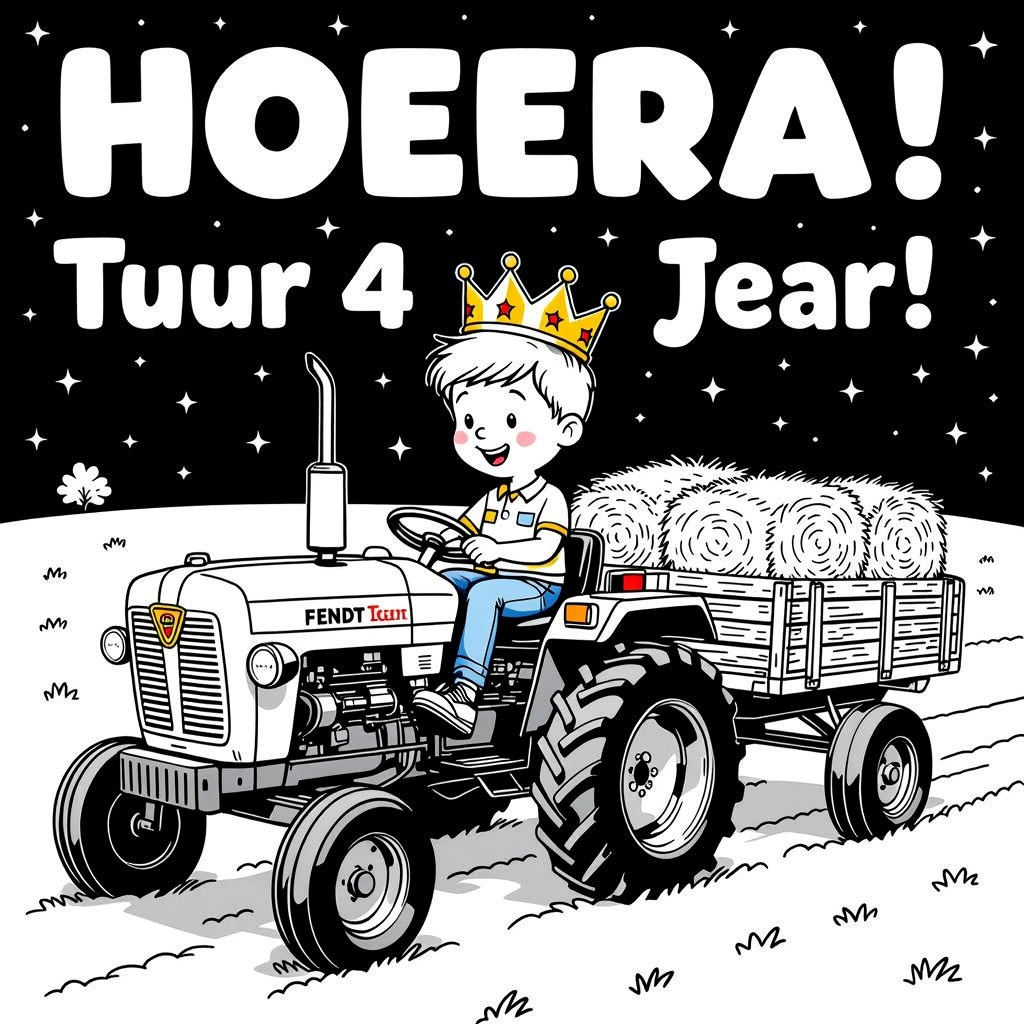 Jongen van 4 jaar in een fendt met kar. op de kar staan hooibalen. de jongen draagt een verjaardagsk