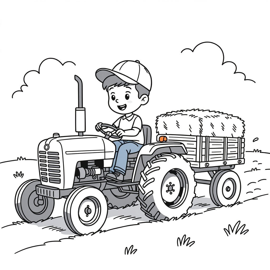 lijntekening van Tuur, een Jongen van 4 jaar in een fendt met kar. op de kar staan hooibalen. de jon