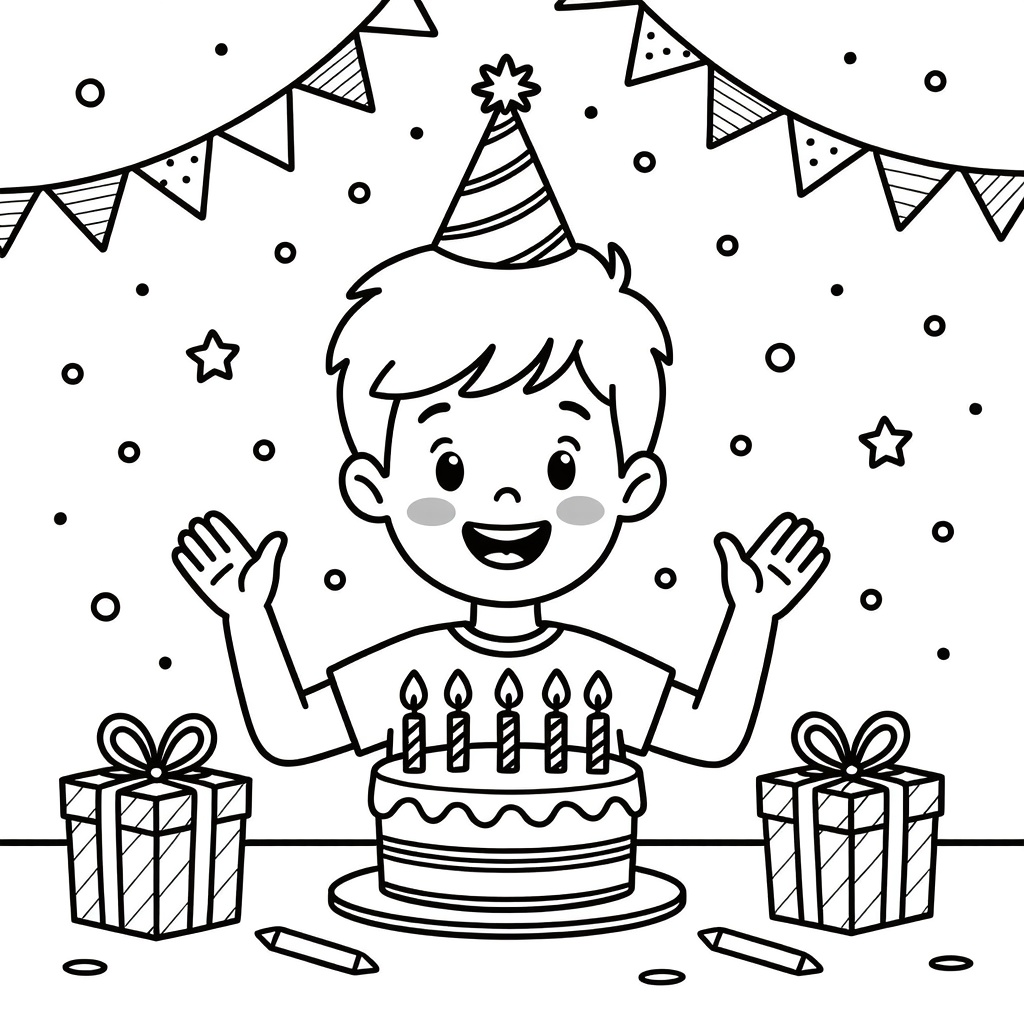 TUUR is 4 jaar! een blonde jongen. het is feest met ballonnen en slingers coloring page for children