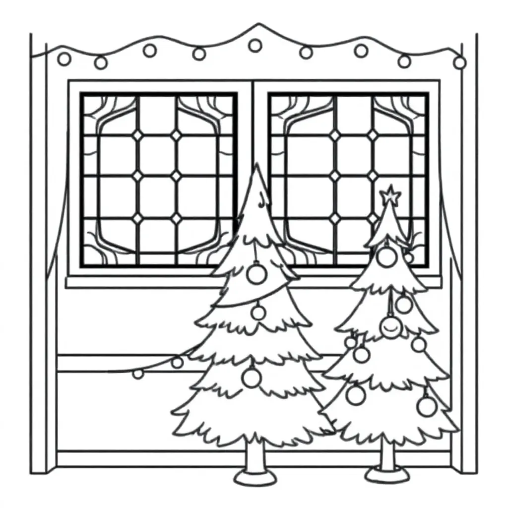 glas in lood liggend met kerstboom, lampjes en kerstballen coloring page for children