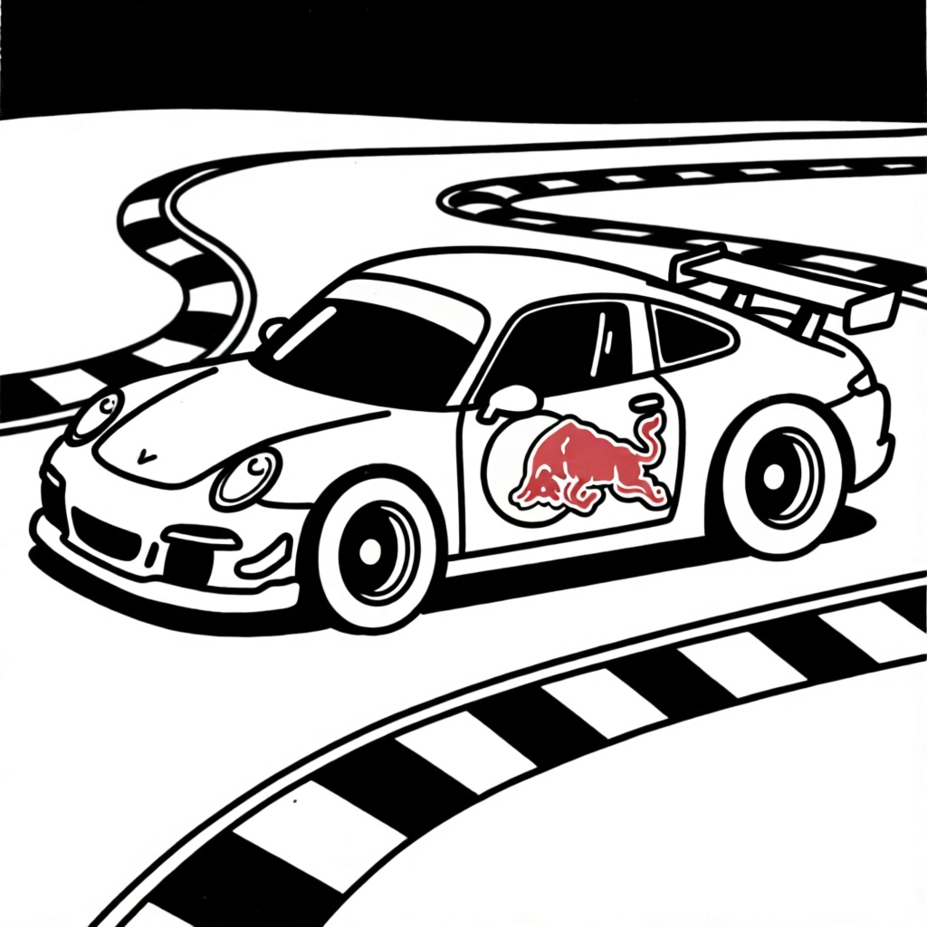 een racecircuit met een raceauto met een logo van redbull coloring page for children