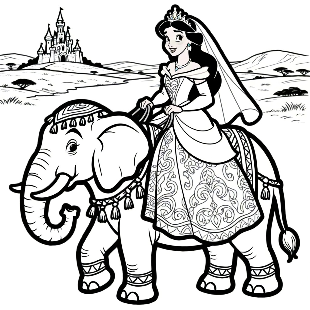 een prinses op een olifant door de zuidafrikaans landschap coloring page for children