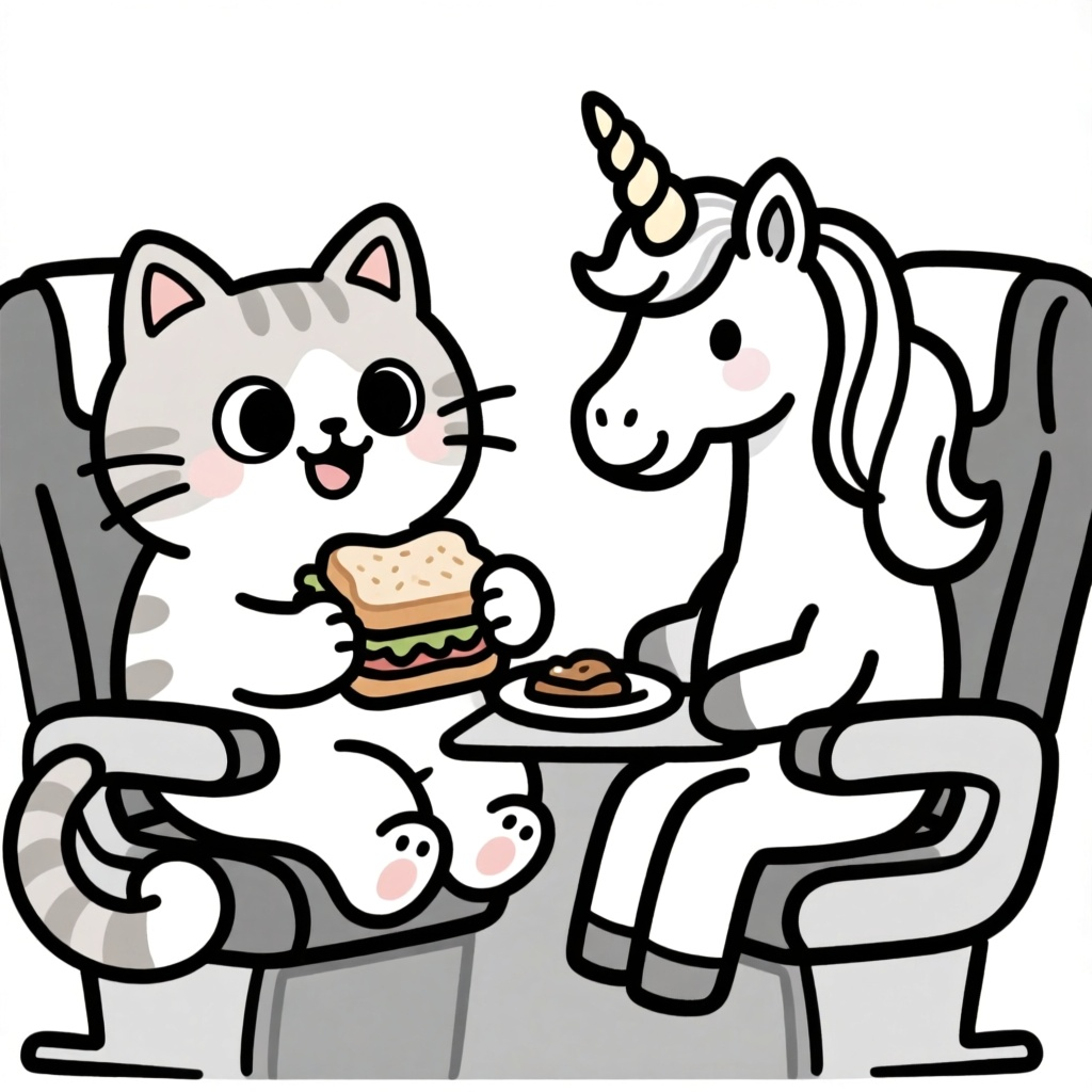 Kat en unicorn in vliegtuig met broodje eten coloring page for children