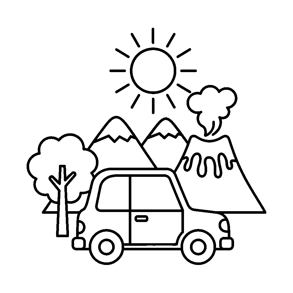 auto, boom, bergen, zon, vulkaan uitbarsting coloring page for children