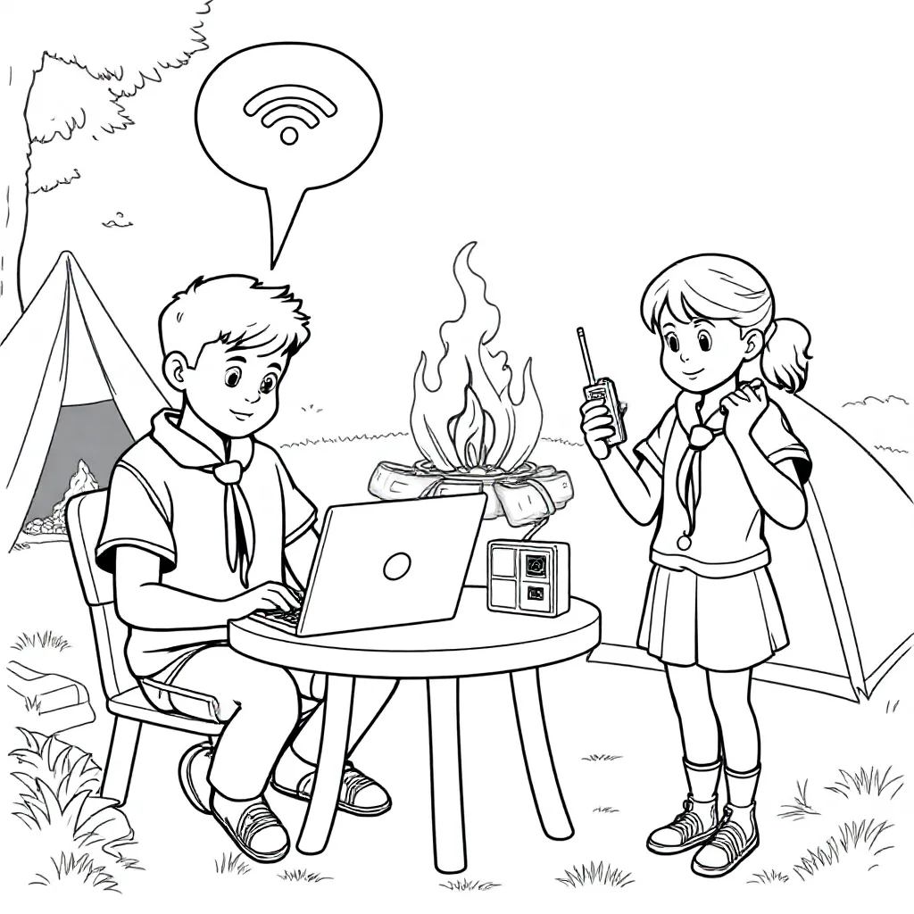 Jamboree on the internet en Jamboree on the air met radio met scouts coloring page for children