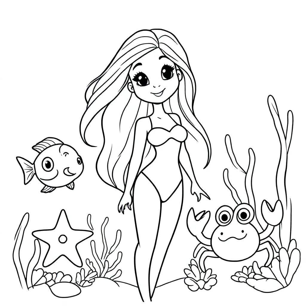 Een vrouw met lang haar die op avontuur is in de onderwater wereld coloring page for children