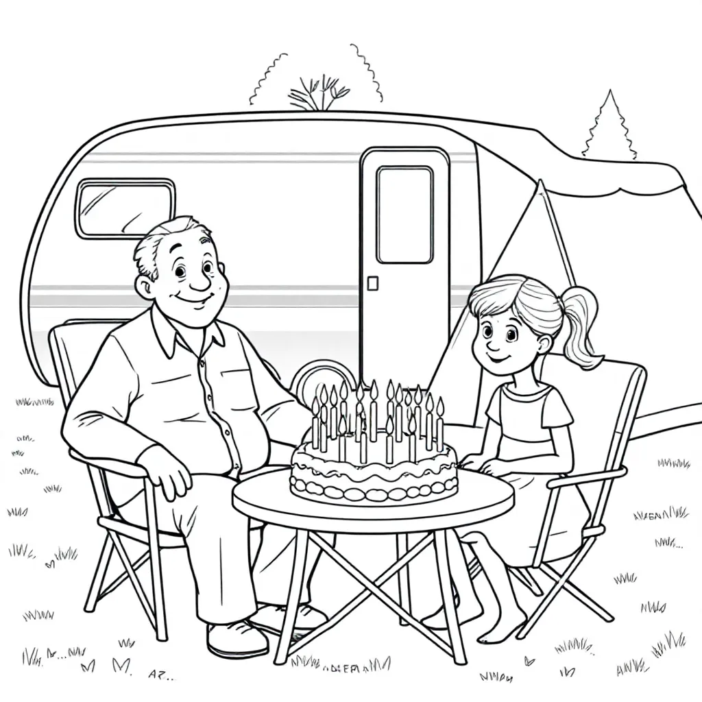 Grandpa and granddaughter at the campsite in front of a caravan and tent with a birthday cake with 8
